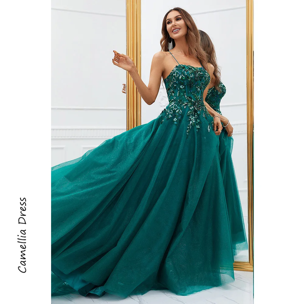 Rotterdam Kly-Robe de Soirée en Tulle Vert Foncé avec Appliques, Robes Formelles, Une Ligne, Éducative