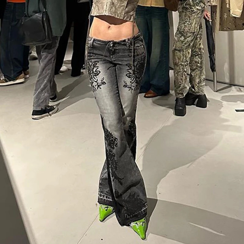 SUCHCUTE Vintage Plant Printed Flared Jeans Y2K Streetwear Low Waist Slim Denim Pant 2000s Washed High Street Women Trousers New