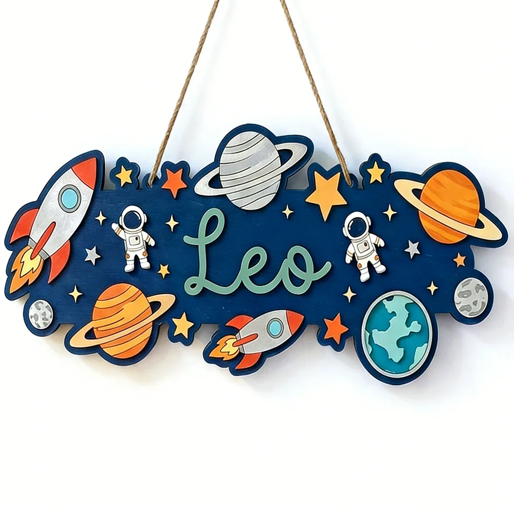 Custom Outer Space Wooden Name Sign, Personalized 3D Hanging Plaque with Astronaut, Rocket & Planets, Neutral Galaxy Nursery Dec image 4