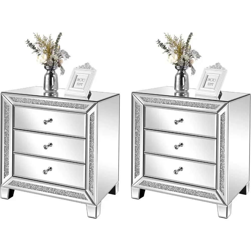 

Mirrored Nightstands Set of 2, 23"W Glass Mirror Night Stand Set of 2, Modern Bedside Table 3 Drawer Glass Side End Table Silver