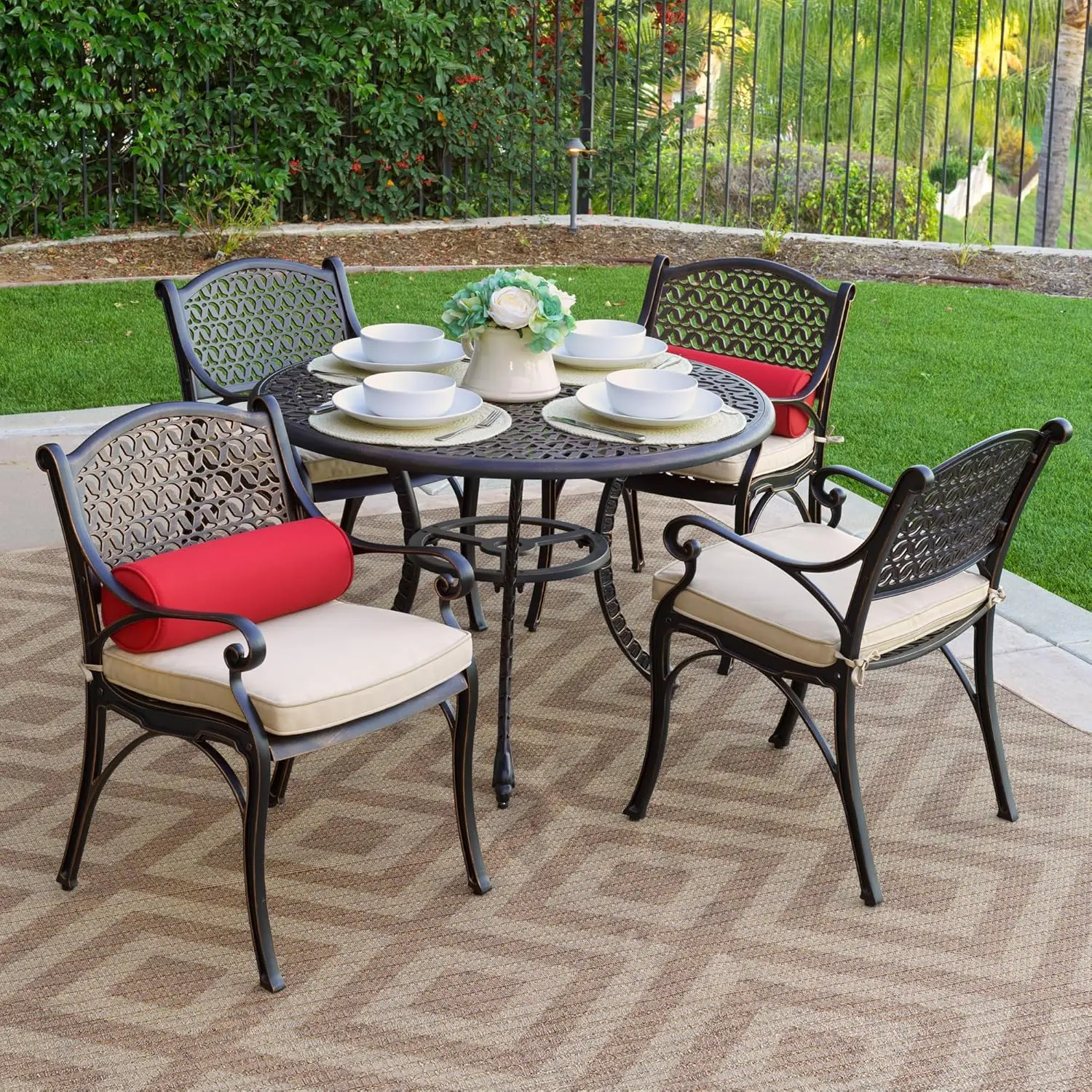 Harmon 5-Piece Cast Aluminum Outdoor Dining Set for 4 with Cushions - Elegant Round Patio Table and Chairs with Umbrella Hole