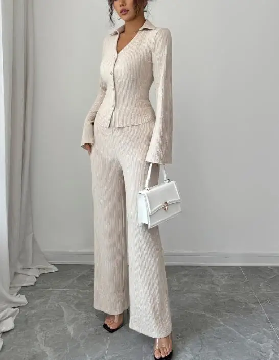 2025 Autunno/Inverno nuova moda donna elegante camicia con bottoni pantaloni a gamba larga set abbigliamento da donna