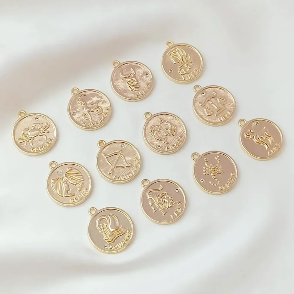 

14K Gold-plated Zircon Inlaid 12 Zodiac Relief Round Pendant, 16mm Handcrafted DIY Round Pendant