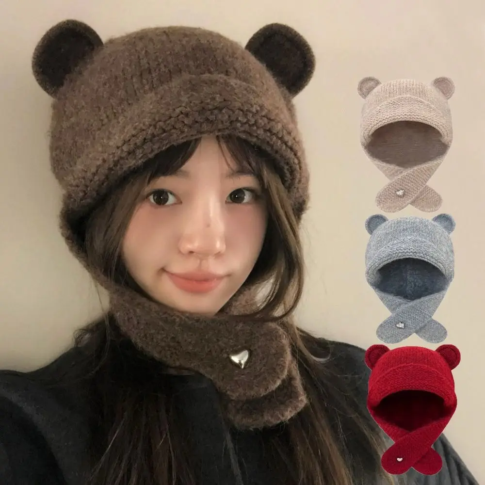 Korean Cute Bear Ear Knitted Cap Winter Autumn Sweet Warm Beanie Hats Soft Y2k Ear Protection Cap Streetwear