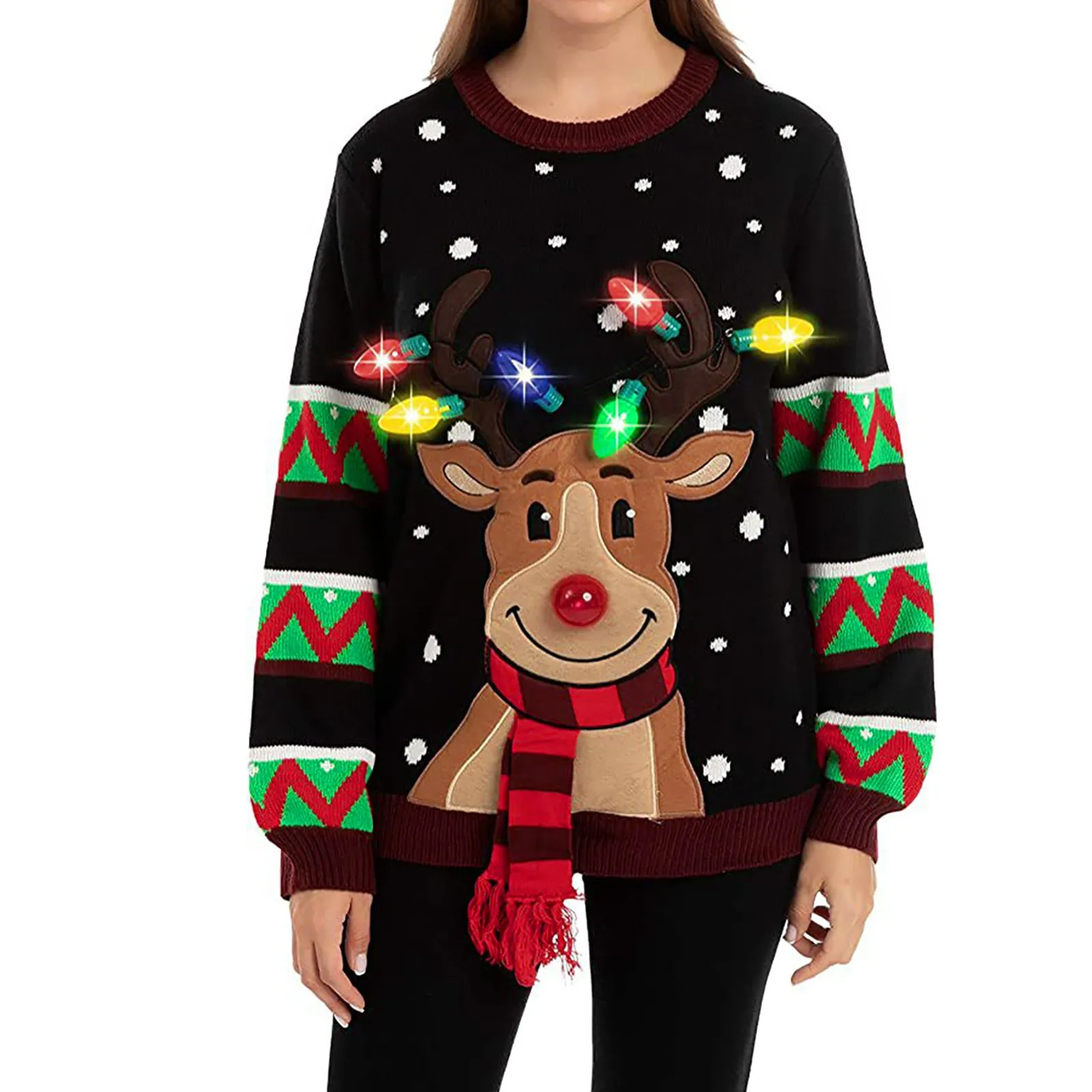 Women LED Light Up Holiday Sweater Christmas Cartoon Reindeer Knit Pullover Top Round Neck Warm Soft Ugly Christmas Sweater