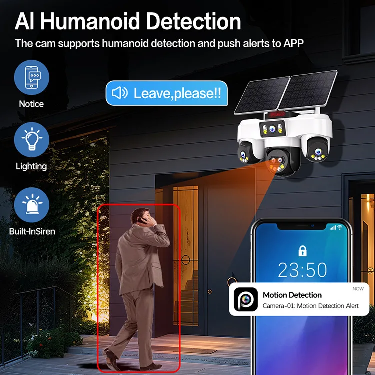 AOV Factory-Direct Solar-Powered 4G Security Camera Five Lenses Four-View Display Six Motors PTZ Support Alarm Voice