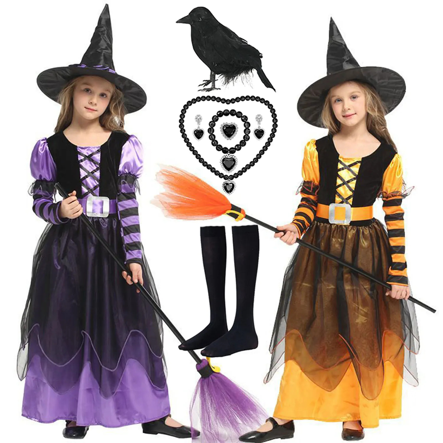 2026 Halloween Holiday Party Fluffy Cute Dress For Children Girl Cosplay Witch Yellow Purple Fluffy 6-piece Costume Suit 2-12T
