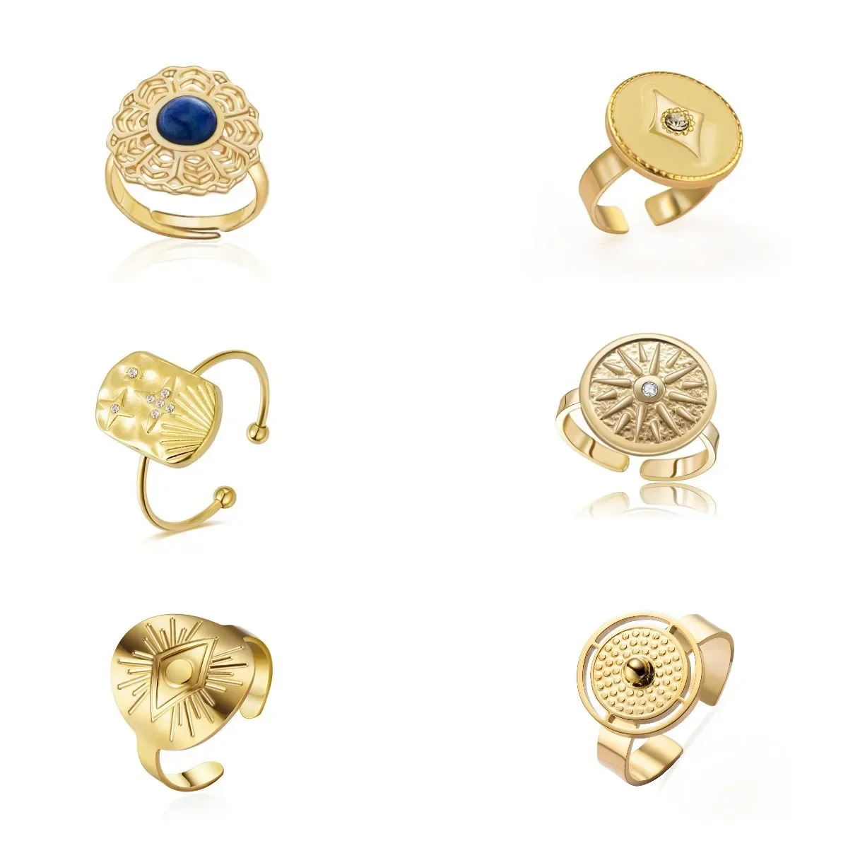 Fashion Vintage Waterproof Stainless Steel Enamel Evil Eyes Sun Flower Adjustable Open Rings for Women 18k Gold Plated Jewelry