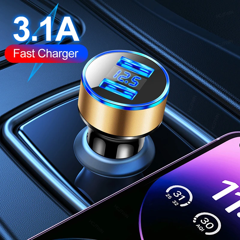 Dual USB Car Charger with LED Voltage Display 3.1A Fast Charging Socket Adapter ABS Fireproof Compatible For iPhone 18 17 16 Pro