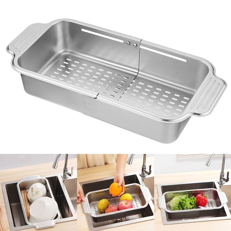 K1KA Expandable Dish Drying Rack Retractable Drain Basket Stainless Steel Sink Organizer for Vegetable, Fruit, Tableware