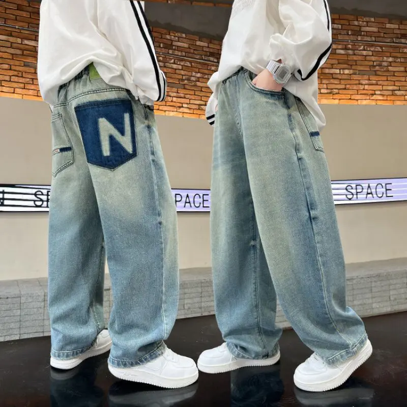 Korean Version Of Boys Street Dance Jeans Wide Leg Pants Children's Students Kid Jeans Denim Straight Leg Pants 5 7 9 11 13 15Y