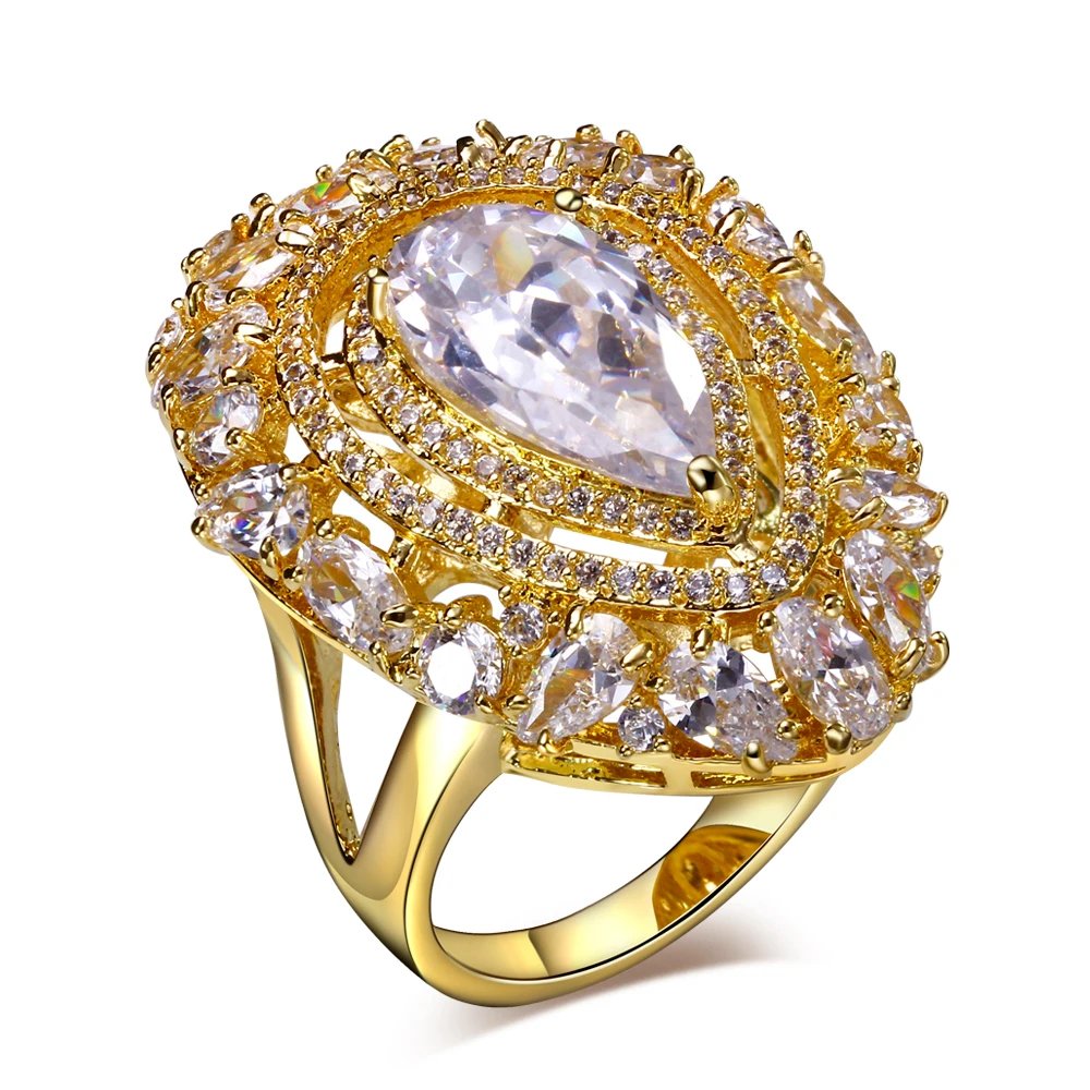 Fashion jewelry Large water drop ring Pave Champagne/White cubic zirconia Brass Metal women rings