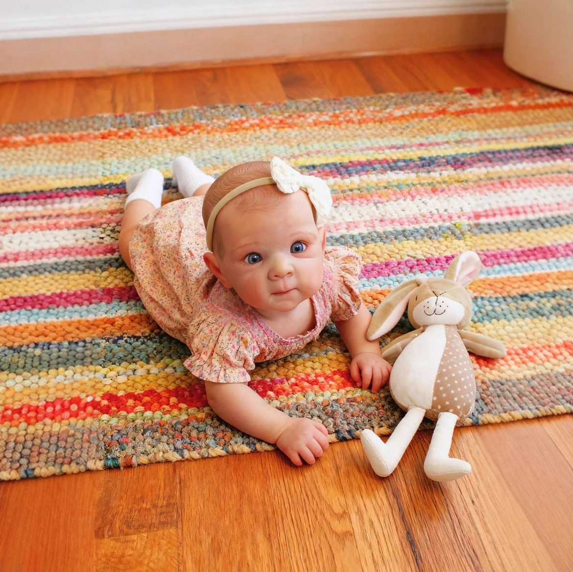 Boneca Reborn de 48cm com Olhos Abertos, Vestindo Macacão com Mangas de Renda e Faixa de Cabelo com Laço, Boneca Realista de Corpo Macio em Vinil para Meninas