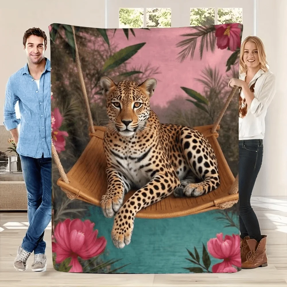 Leopard Resting Sofa Green Plant Curtain Vintage Oil Painting Soft Cozy Throw Blanket for Sofa Bed Artistic Touch