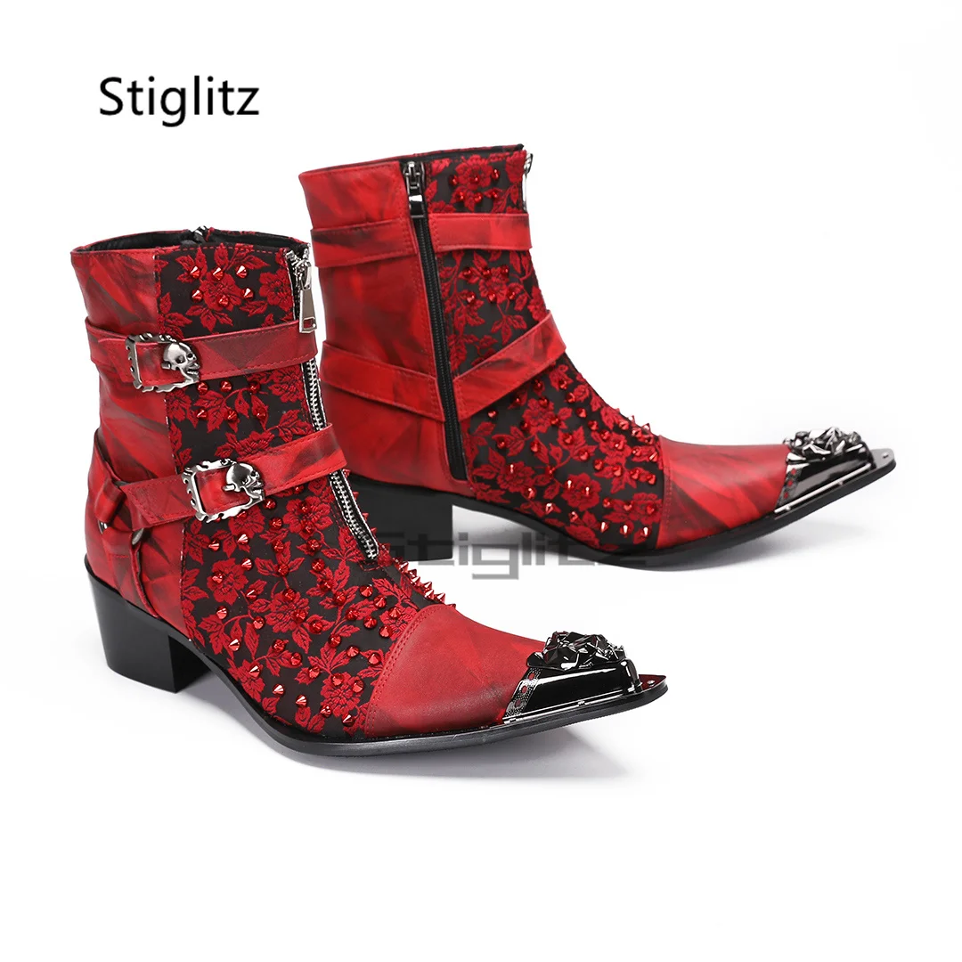 Metal Pointed Toe Men's Boots Genuine Leather Red Embroidery Flowers Ankle Boots for Men Rivet Metal Buckle High Heels Male Shoe