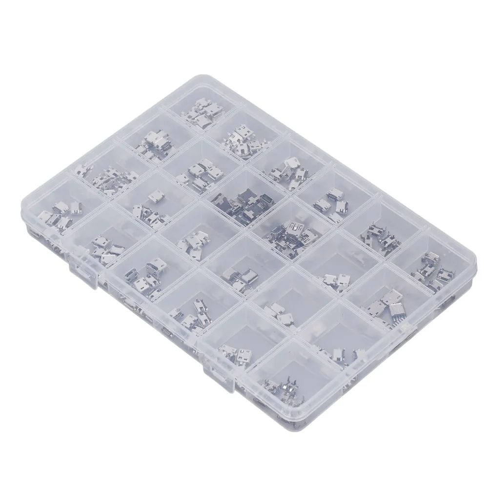 240Pcs 24 Types Micro USB Connector Set USB Female Port with Storage Box Micro USB Female Socket Micro USB Connector