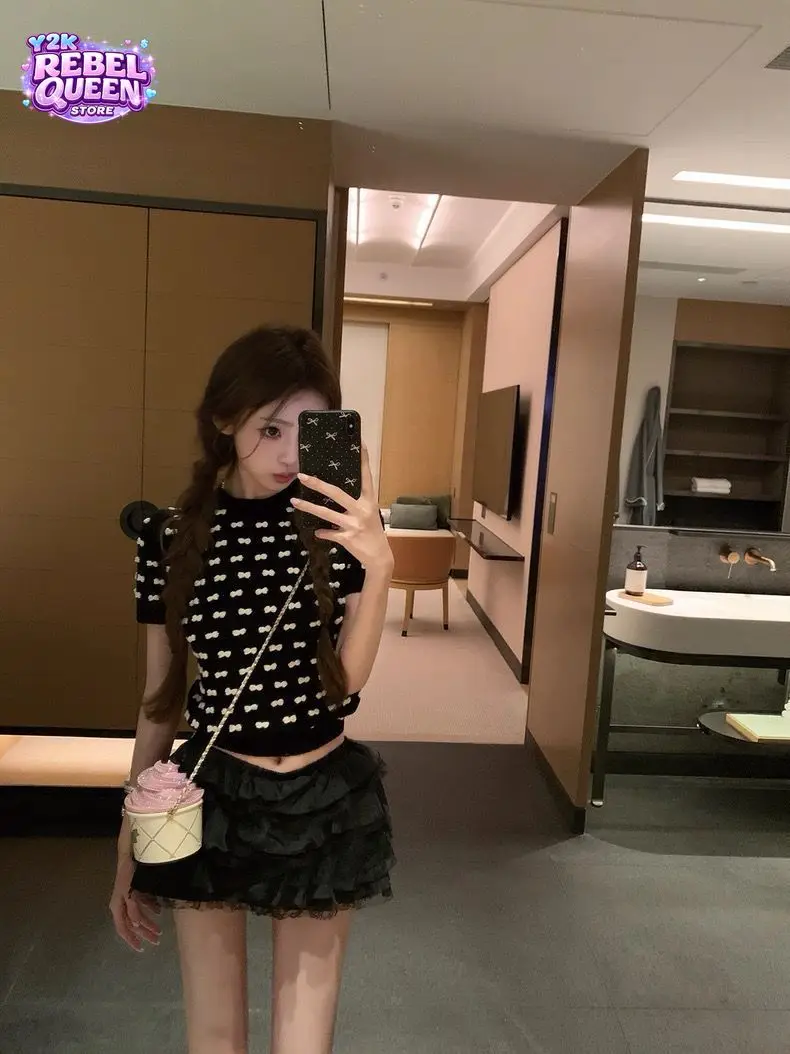 Coquette Sweet Sexy Bow 2 Piece Set Women Crew Neck Short Sleeve Slim Knit Top High Waist Lace Ruffle Mini Skirt Casual Outfit