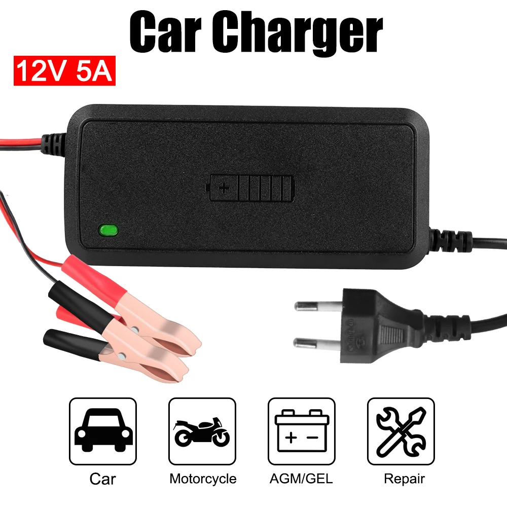 72W 12V 5A Motorcycle Car Battery Chargers 110-240V US EU Plug Intelligent Pulse Repair For Lead Acid Battery S1 Charger 12V/2A