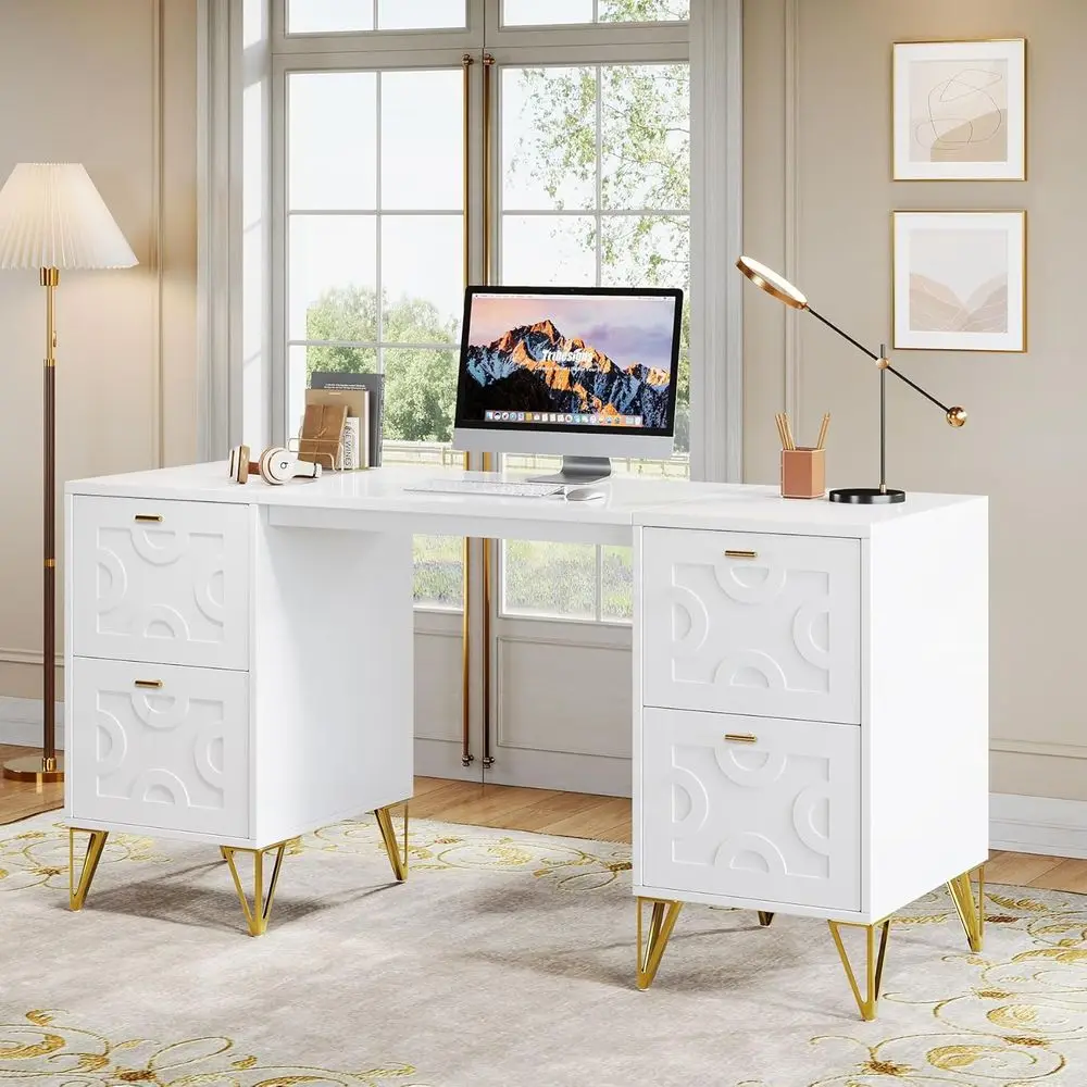 Elegant 59 White and Gold Desk with 4 Drawers, Luxurious Writing Table for Home or Office