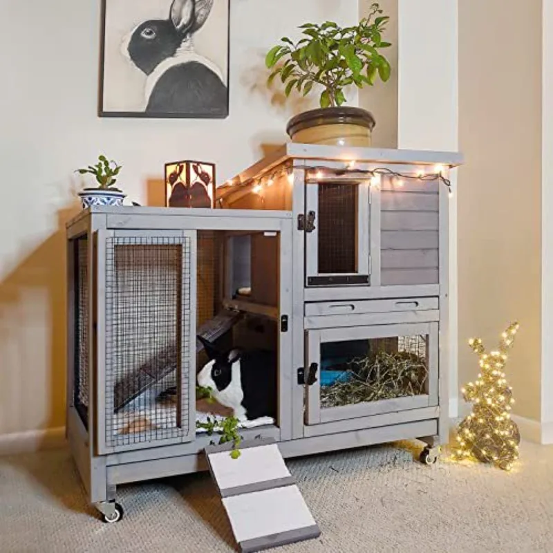 

Solid wood indoor and outdoor rabbit cage pet house with tray movable double-layer large space rabbit cage