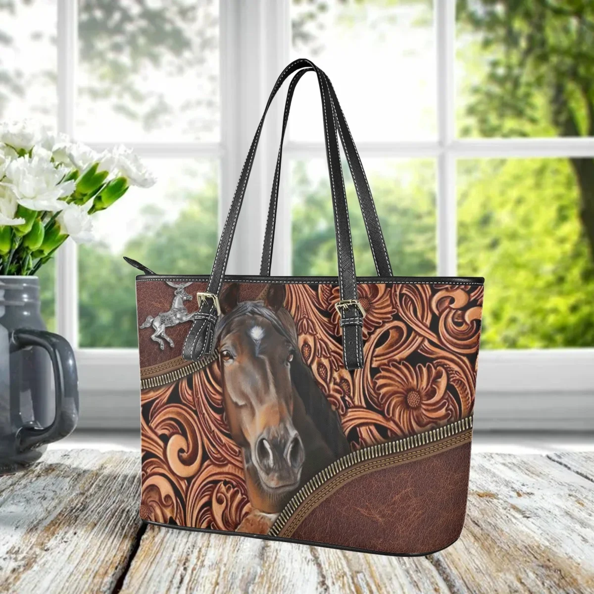 New Luxury Design Handbag American Tribal Horse Pattern Shoulder Bag Women Vintage Top-handle Tote Fashion PU Leather Clutch