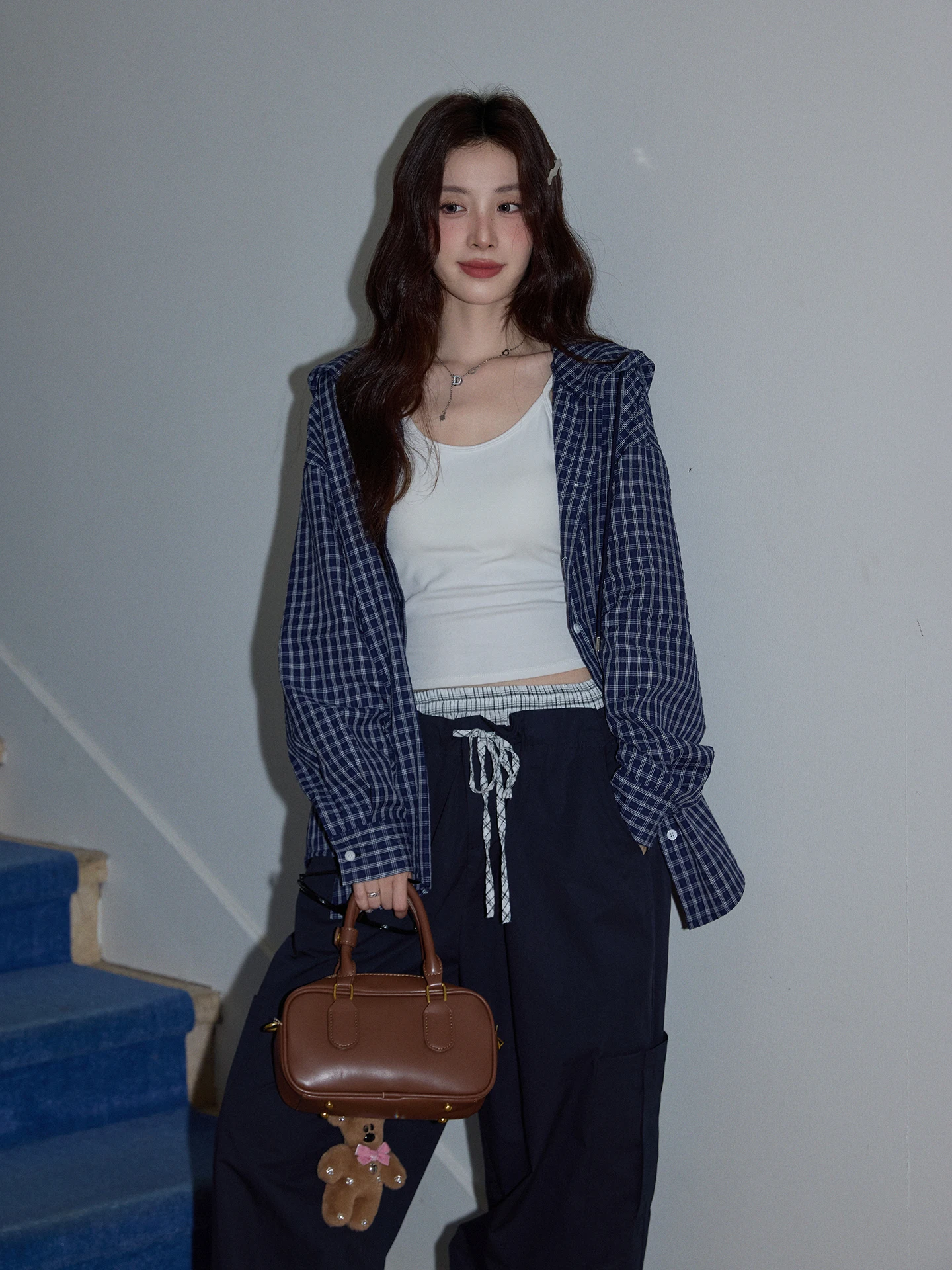 

Синий клетчатый свободный длинный све женский irt повседневная верхняя одежда кардиган дизайн Sensation ретро Faion удобный крой