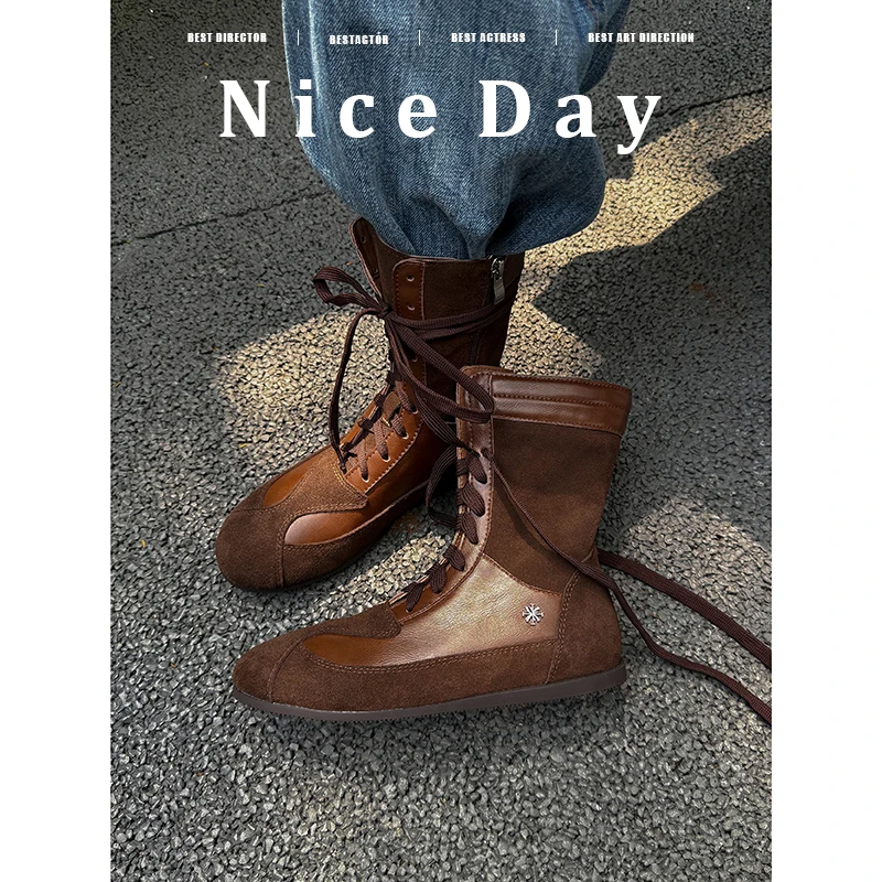 

2026 осенне-зимние женские ботильоны 22-24,5 см из коровьей замши + воловьей кожи с круглым носком, со шнуровкой по бокам, на низком каблуке, пикантные модные короткие ботинки