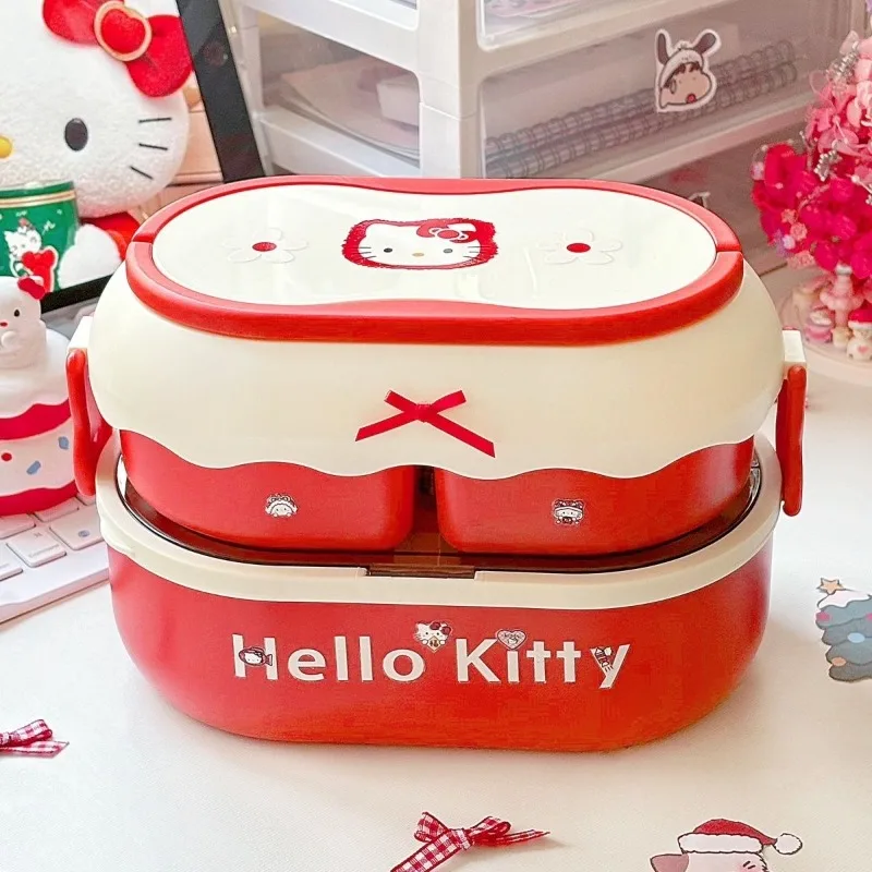 

Sweet Anime Kawaii Miniso Hello Kitty Double-layer Lunch Box Cute Cartoon Bento Case Office Lunch Portable Picnic Box Gifts