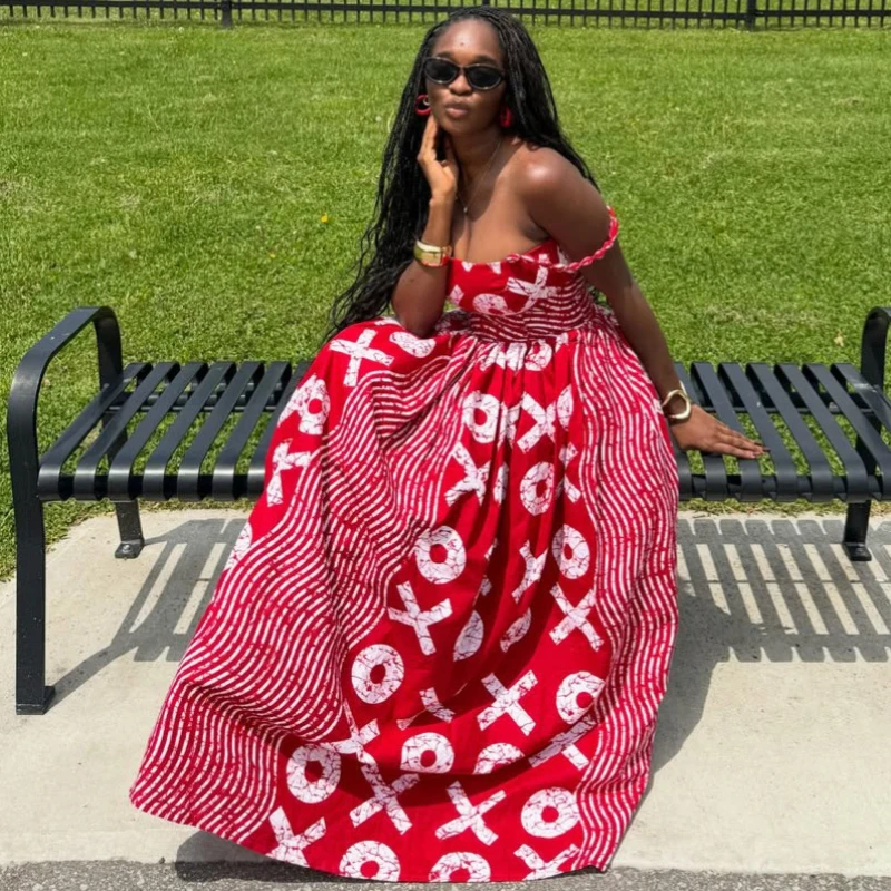 Neues afrikanisches Modekleid für Damen, bedruckt, mit schrägem Ausschnitt, schulterfrei, schmaler Taille, großem Saum, langes Kleid