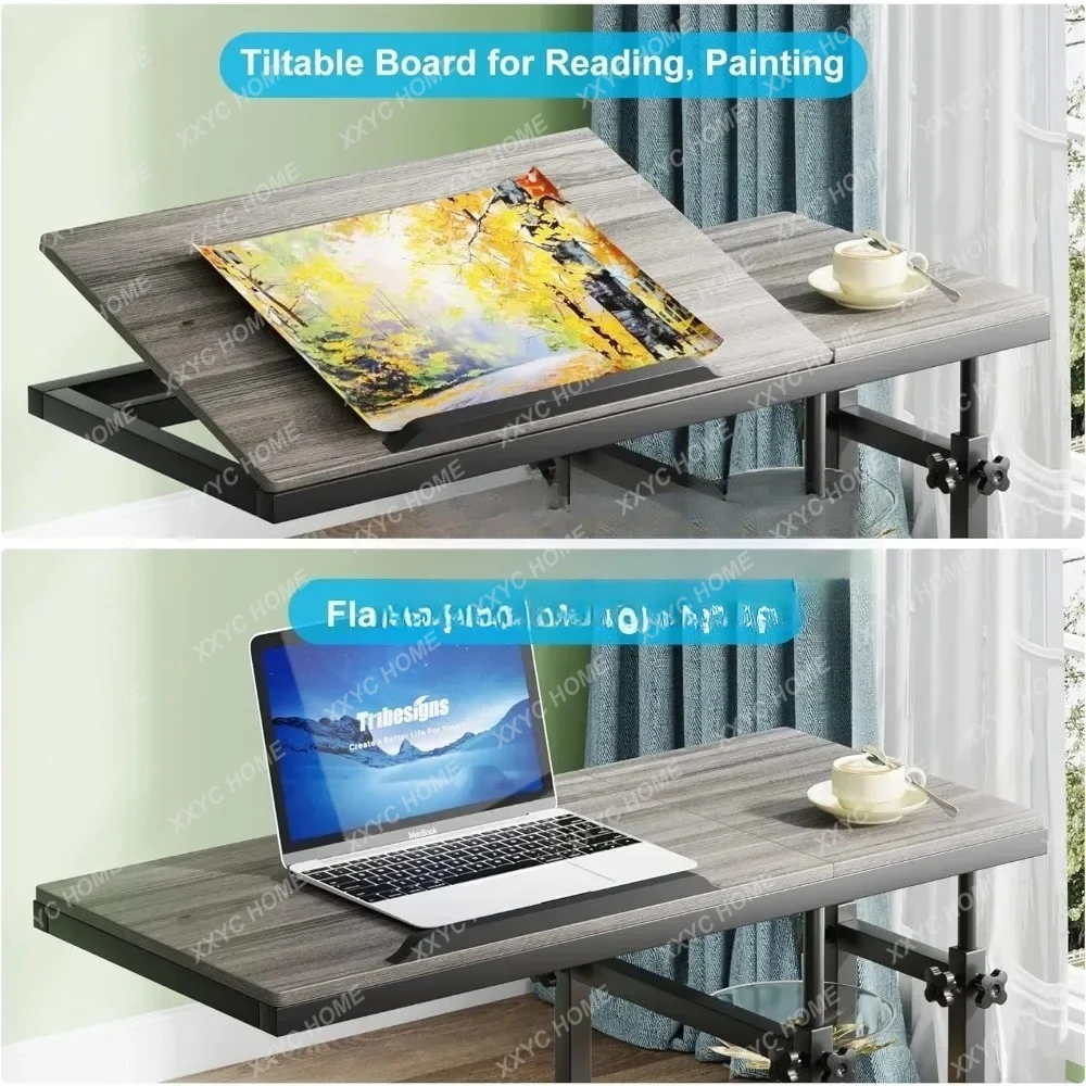 Height Adjustable End Table with Wheels and Tiltable Drawing Board, Sofa Bedside Laptop Stand, Height Adjustable C Table