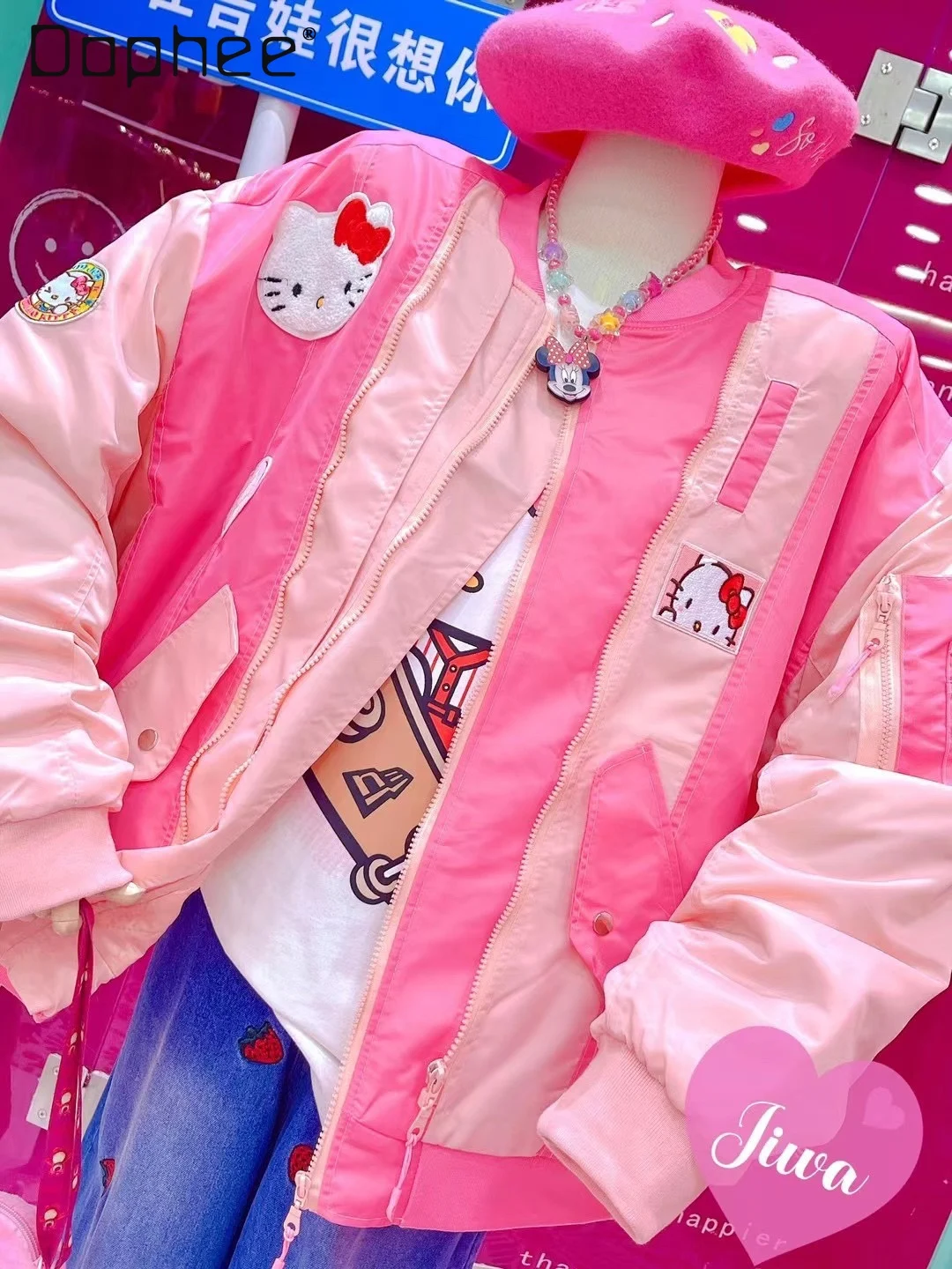 Jersey de béisbol de manga larga con bordado de pegatina de dibujos animados para mujer, chaqueta holgada de algodón grueso para estudiante, primavera y otoño