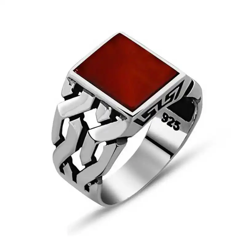 Silver Agate Stone Men 'S Ring