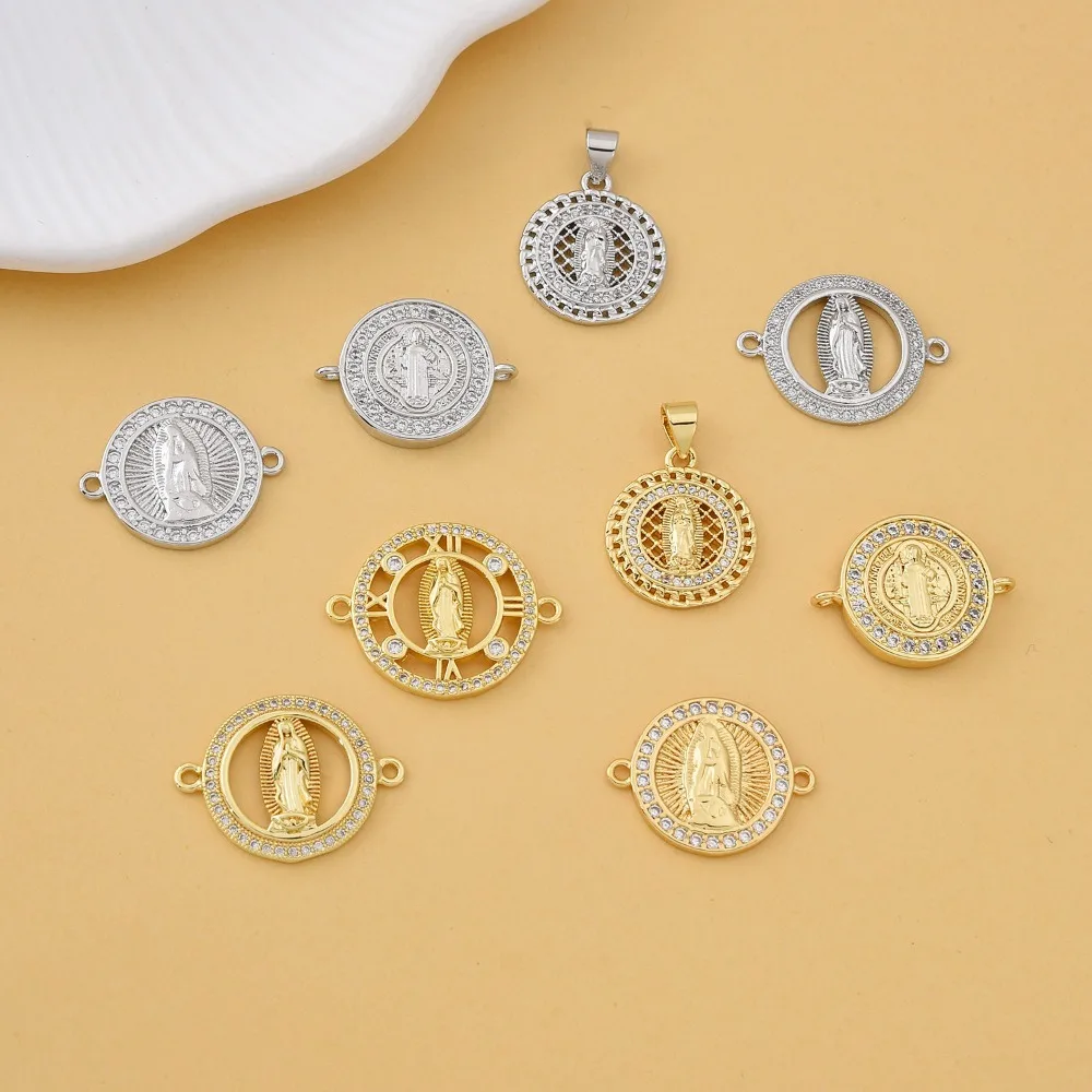 

4 шт. медная позолоченная круглая подвеска Девы Марии для DIY браслета, ожерелья, изготовления ювелирных изделий, инкрустация, циркон, подвеска, полые аксессуары