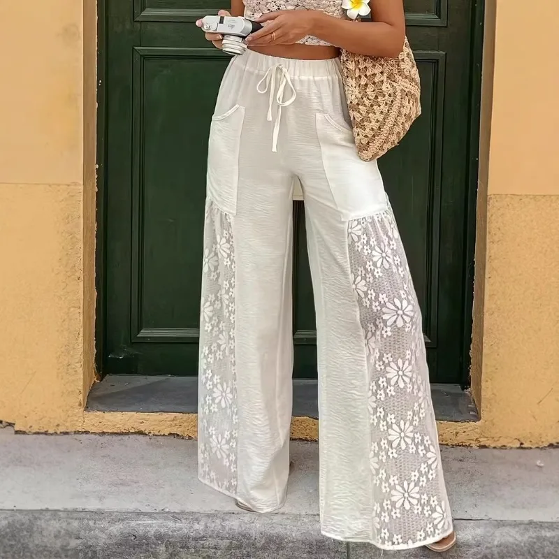 Summer Lace Spliced Women'S Wide-Leg Pants White Pockets Elegant Straight Lace Up Elastic Waist Ladies Casual Pants Vintage Y2K
