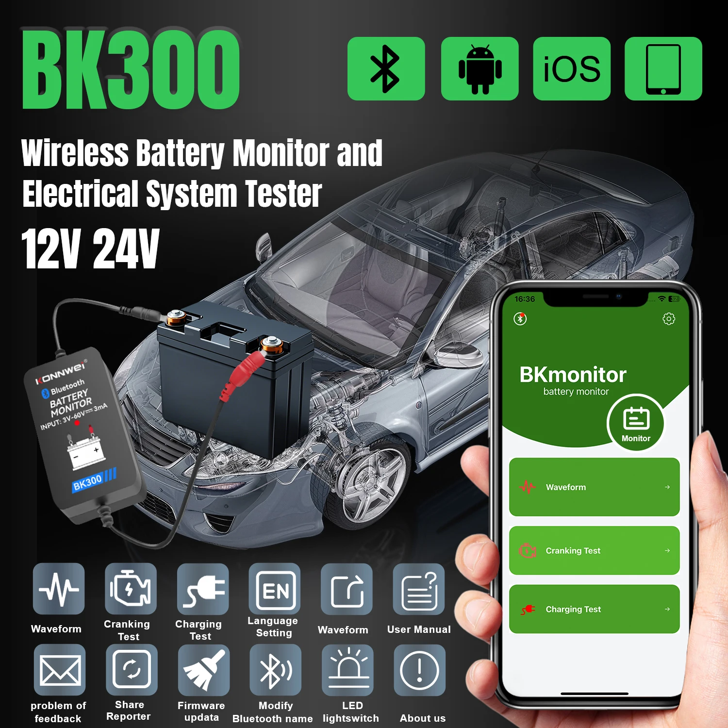 وصول جديد KONNWEI BK300 BM2 BT1000 جهاز اختبار التحريك رخيصة شاشة بطارية السيارة مع بلوتوث وتطبيق الهاتف المحمول المجاني