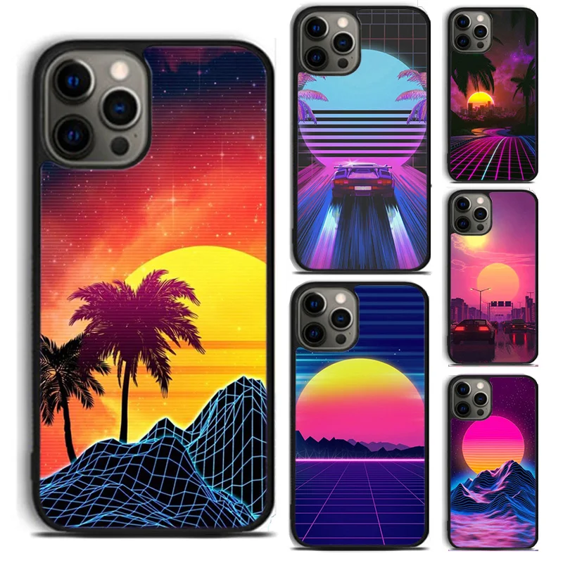 Synthwave Sun Neon 80's phone Case Cover For iPhone 16 15 14 Plus XR XS apple 16 11 12 13 mini Pro Max coque