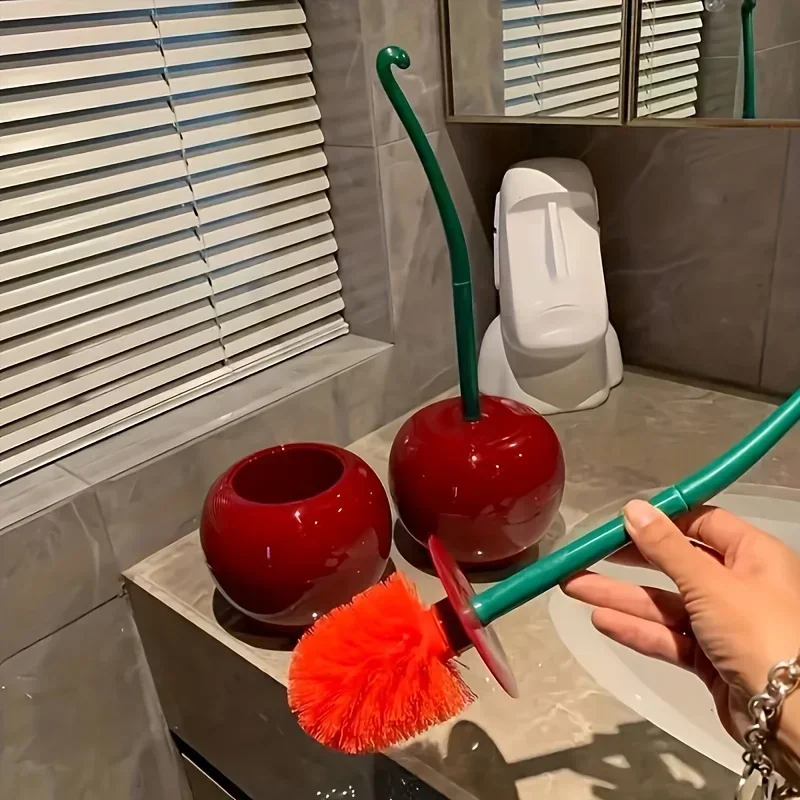 1pc Cute Cherry Toilet Brush Holder Set, Bathroom Lavatory Long Handle Toilet Bowl Brush Cleaner, Cleaning Brush Bathroom