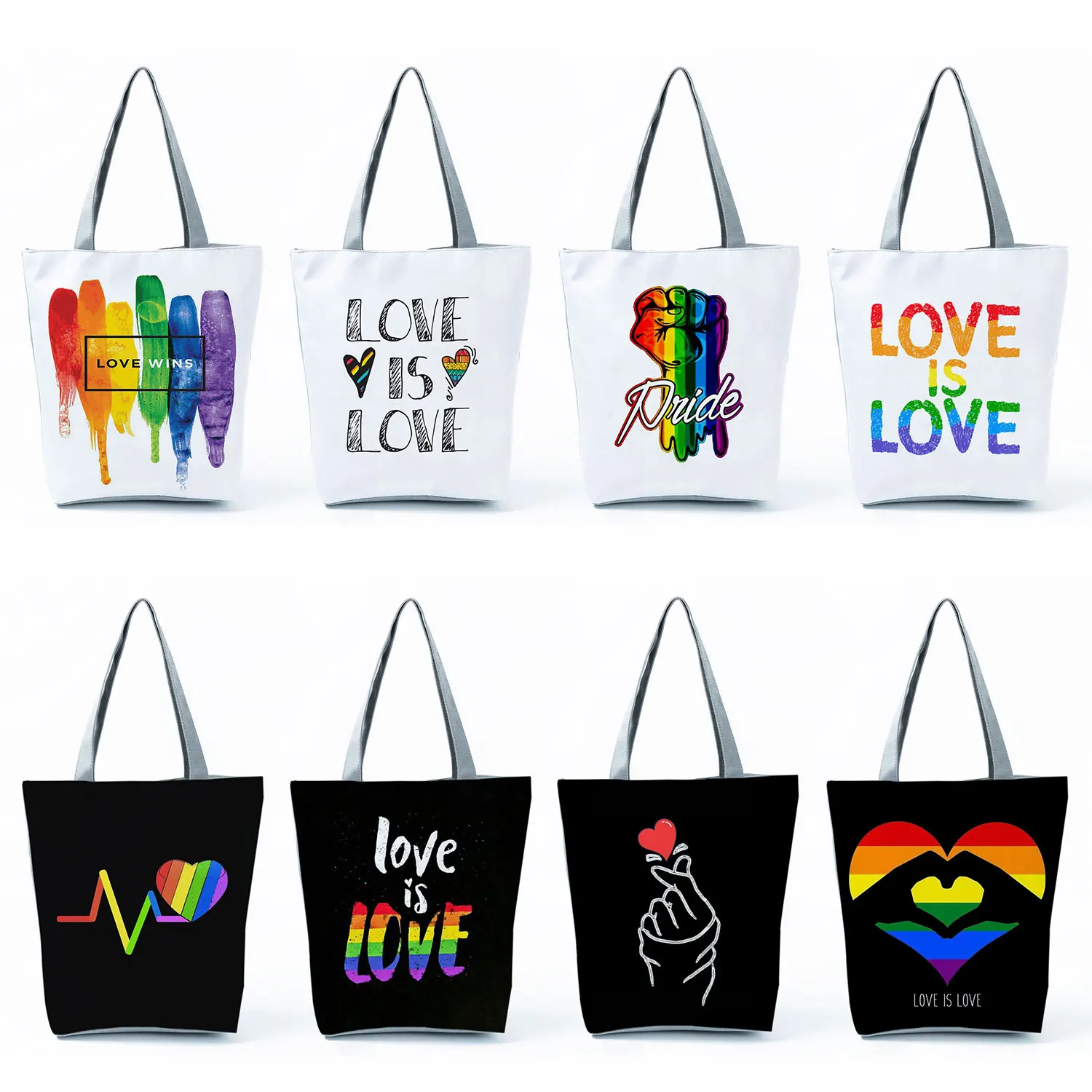 Love is Love Rainbow Graphic Totebags For Women Foldable High Capacity Portable Shopping Bags Fashion Letter Print Shoulder Bags