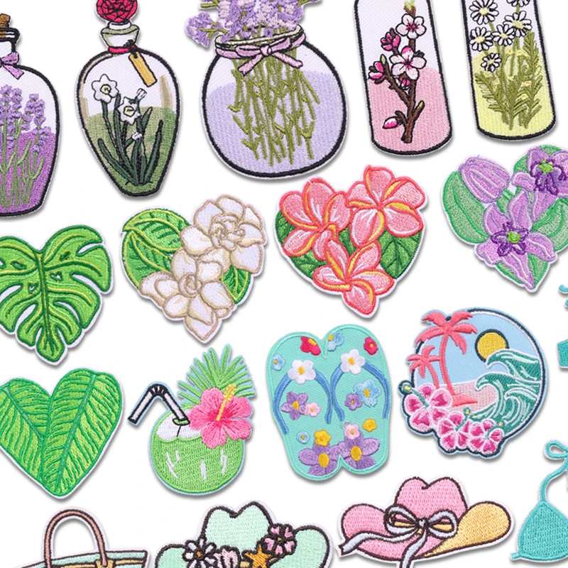 Sommerliche Kokosnussblätter-Stickapplikationen, Blumen-Lavendel-Aufbügelpatches für Kleidung, thermoadhäsive Aufbügelpatches