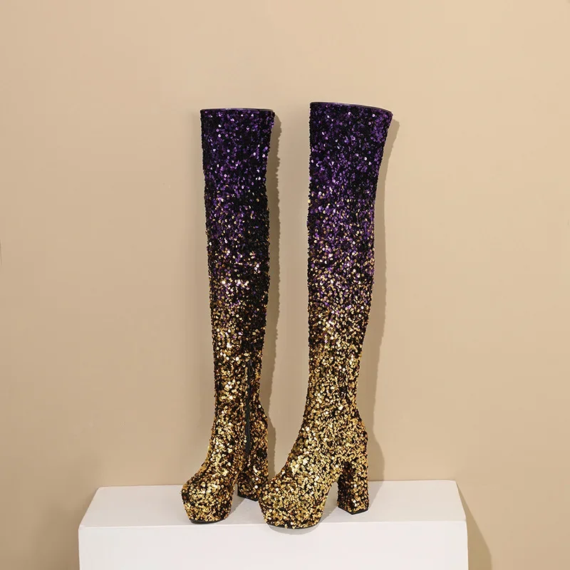 

Bling Over-the-knee Boots Chunky Super High Heels Round Toe Shining Platform Fashion Show Mixed Colors Autumn Winter Women Shoes