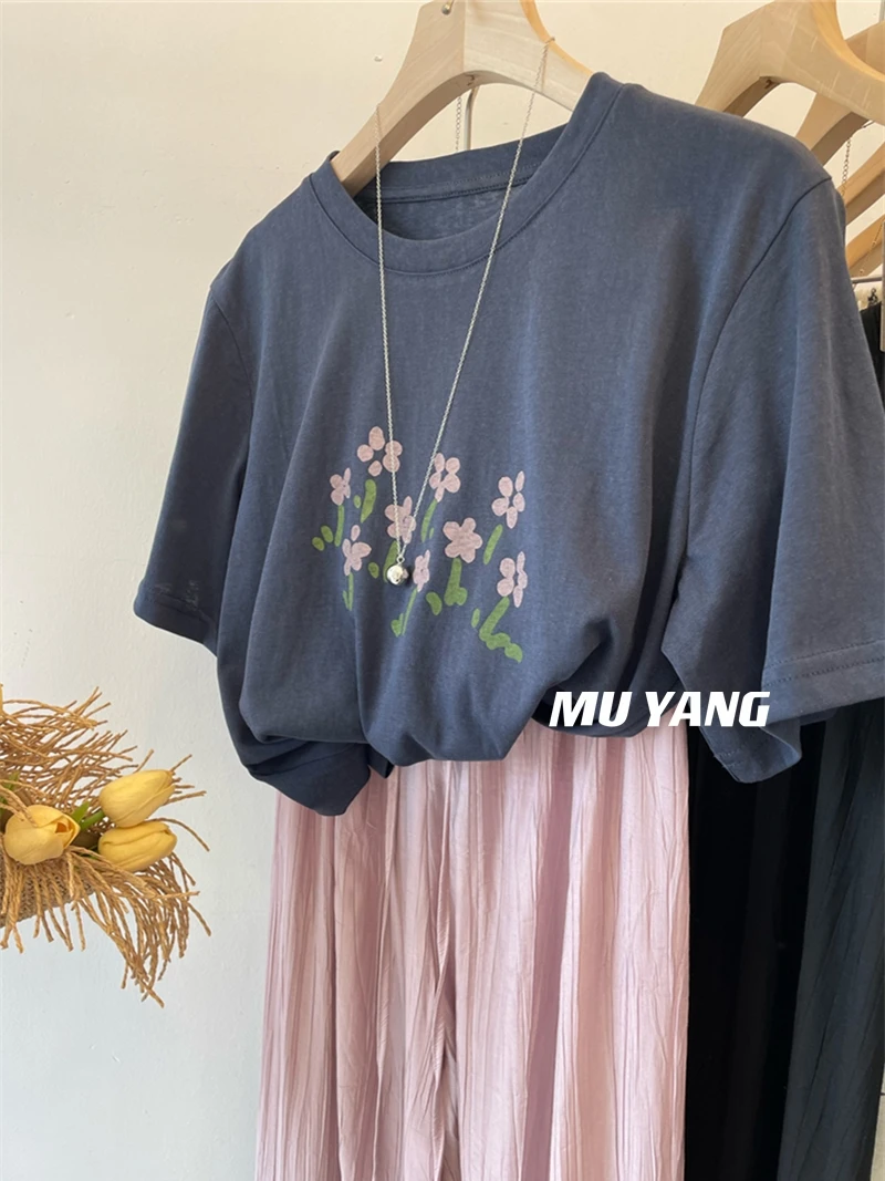 Camiseta Extra Grande de 300 Pou, Estilo Artístico Floral, Informal, Redonda, para Mujer, Top Versátil y Estilizador, Estilo Coreano