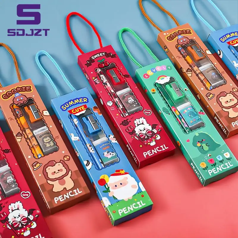 5Pcs Portable Stationery Set Cartoon Pencil Ruler Sharpener Eraser Set Gift for Kids School Office Writing Prize Stationery Set
