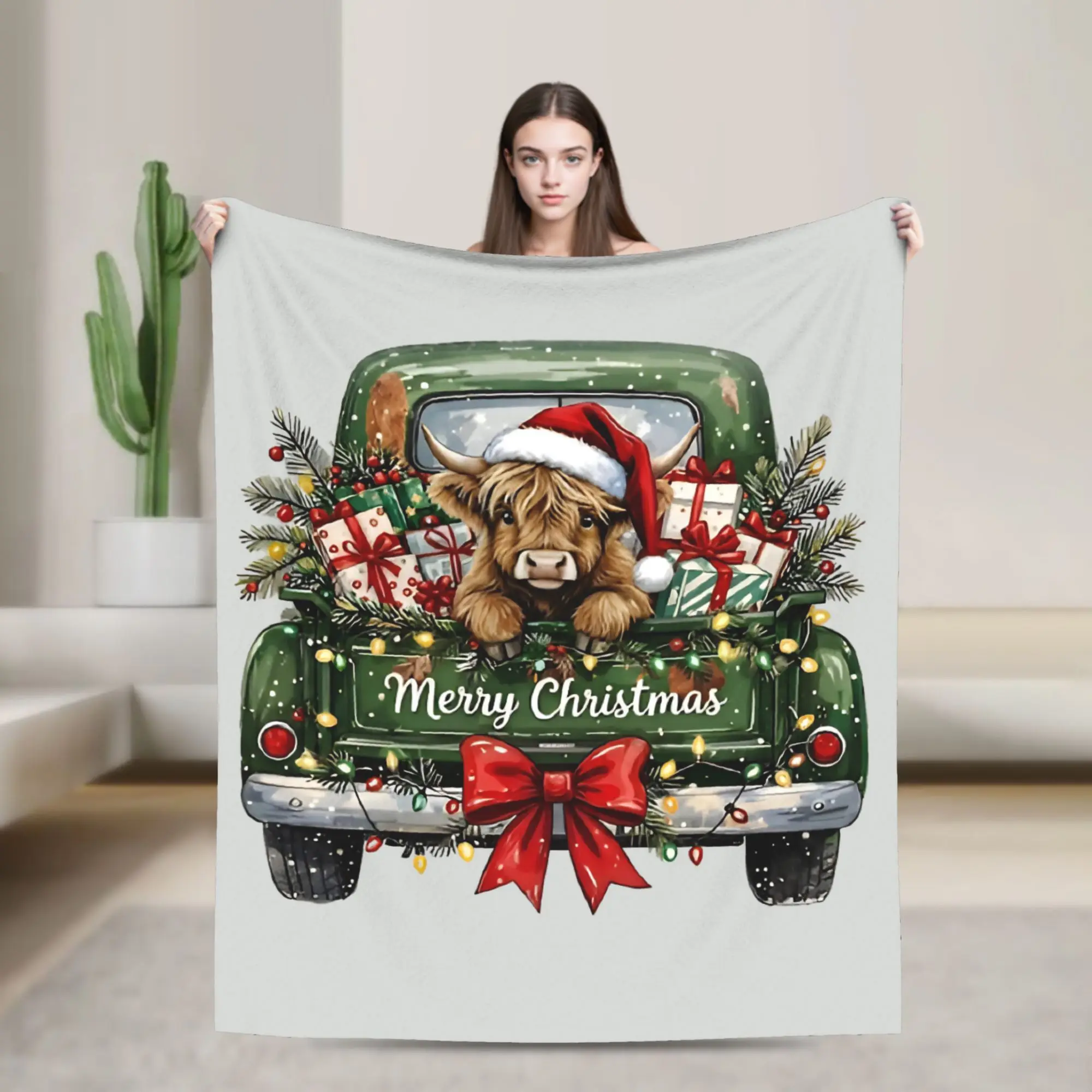 Christmas Highland Cow Truck Knitted Blanket Flannel  Super Soft Throw Blankets for Outdoor Travel Bed Rug