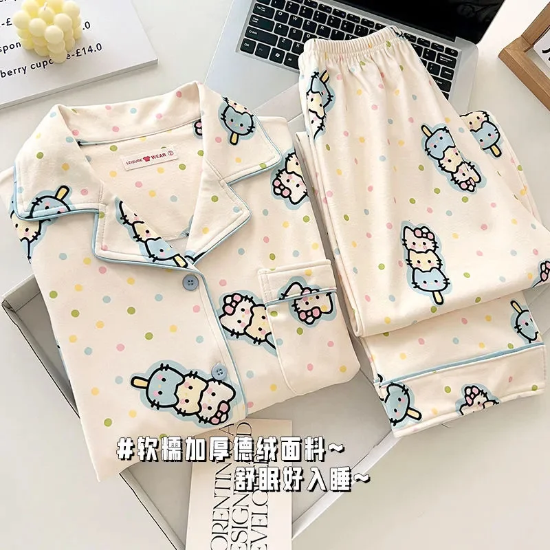 Hello Kitty Women's Pajamas, Velvet Cute Cartoon Set, Warm and Comfortable Woolen Pajamas, Two Piece High Quality Home Clothes