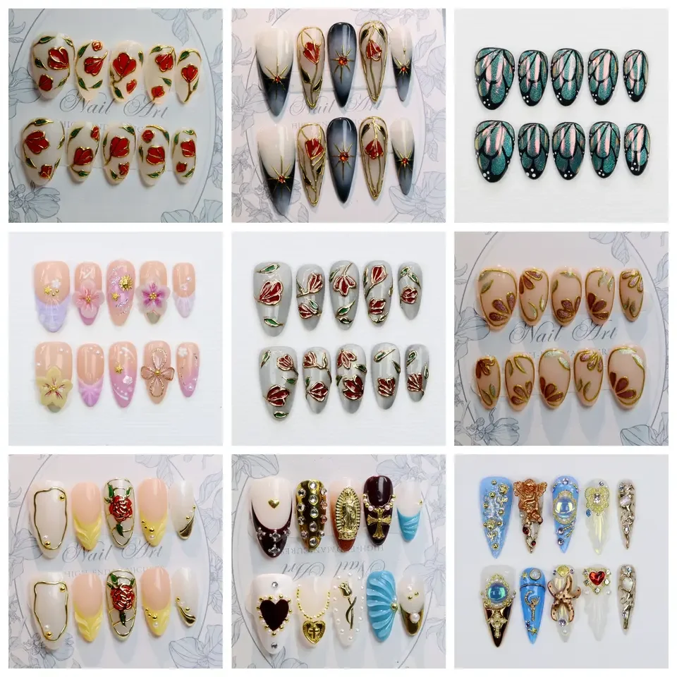 

10Pcs 3D beautiful handmade Manicure Press On Nails, Acrylic Fake Handpainted Flowers Custom Design Adhesive Nail File Set