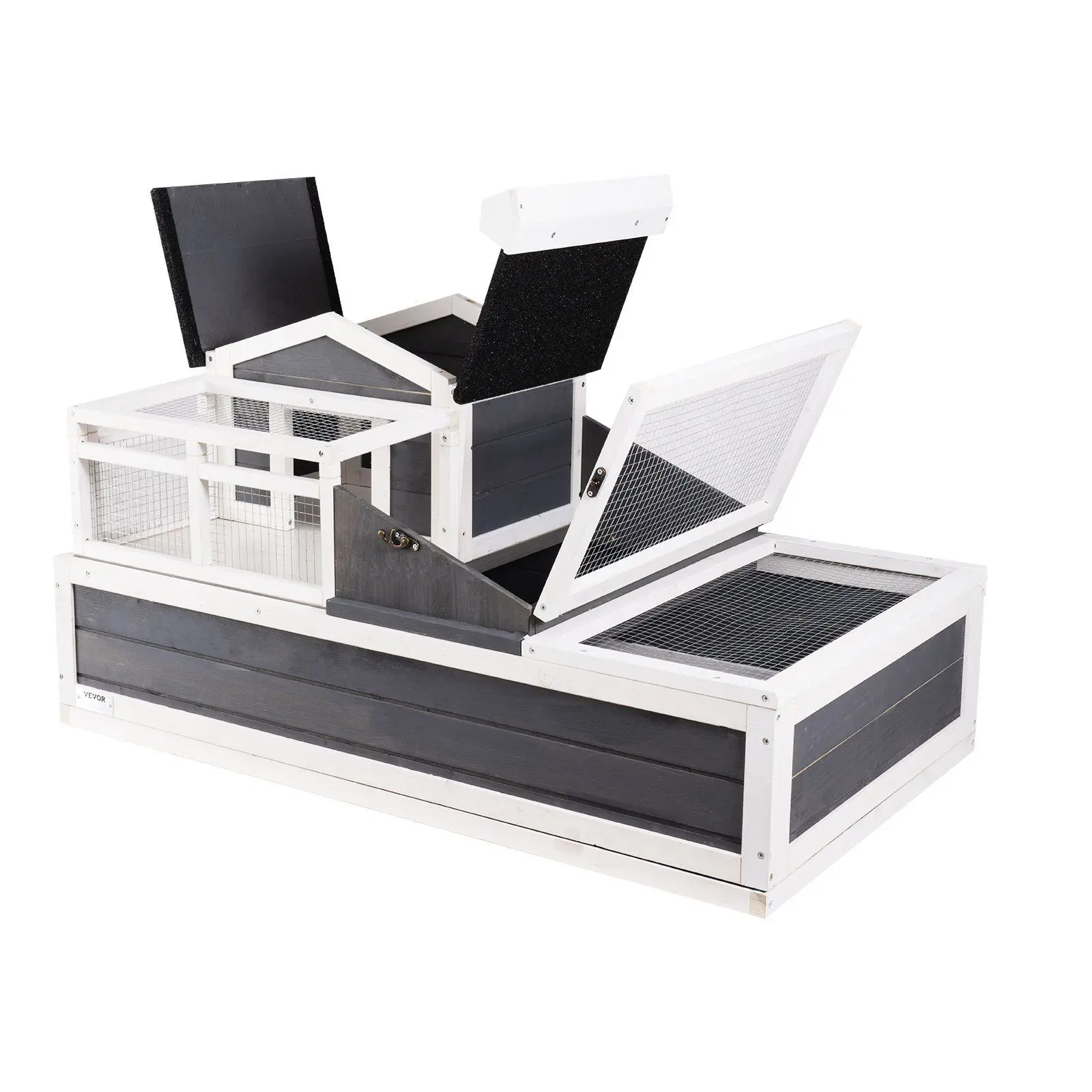 

3-Section 44x25.6x24in Wooden Tortoise Habitat Indoor Outdoor with Raised Floor and Dual Entry Points