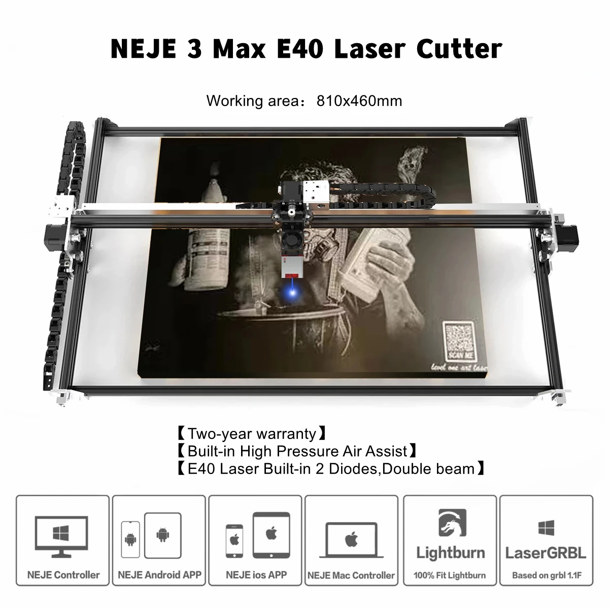 

NEJE 3 Max E40 80W CNC Laser Cutter Metal Laser Engraver Router 3D Printer Wood Cut Tool With Auto Air Assist，Double Beam Laser