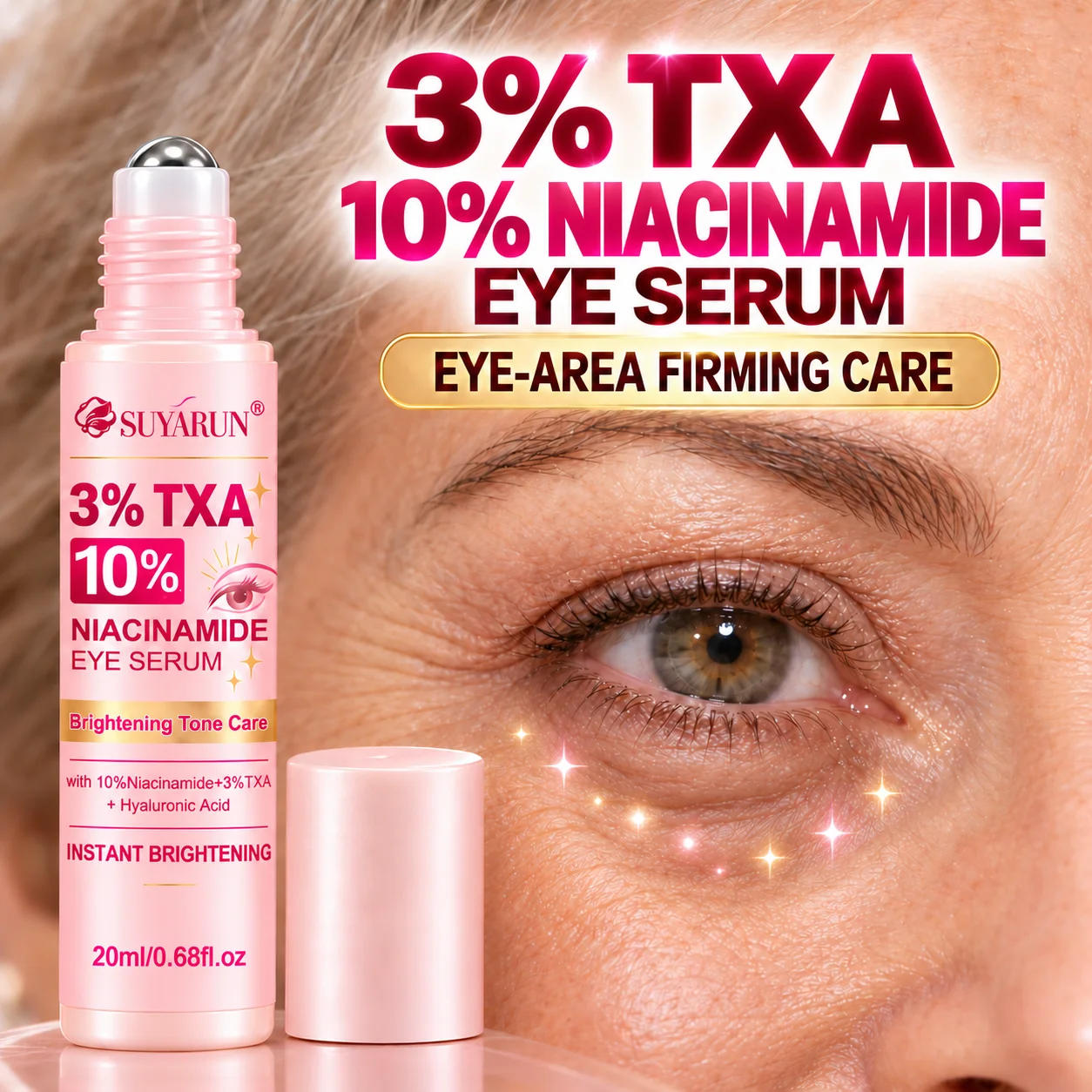 SUYARUN Luminous De-Puff & Brighten Eye Serum | 24H Deep Hydration & Cooling Roll-On | Portable Pocket Travel Mini.