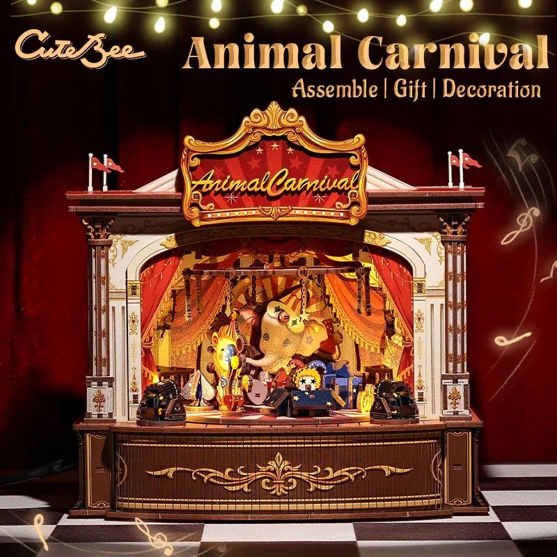 

CUTEBEE 3D Book Nook Wooden Music Box Handmade Animal Carnival DIY Miniature House Kit for Christmas Birthday Child Gift