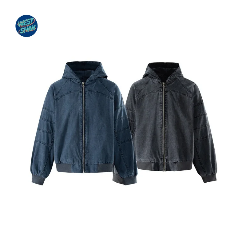 WESTSHAN أعلى جودة الاتحاد الأوروبي الولايات المتحدة حجم خمر الثقيلة غسلها القطن عمال الدنيم هوديي الرجال فضفاض معطف مقنع سترة #1